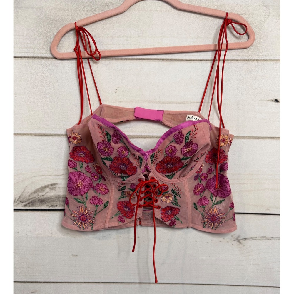 For Love & Lemons Pink Floral Embroidered Mesh Bustier Crop Top XL Lace Up Boho